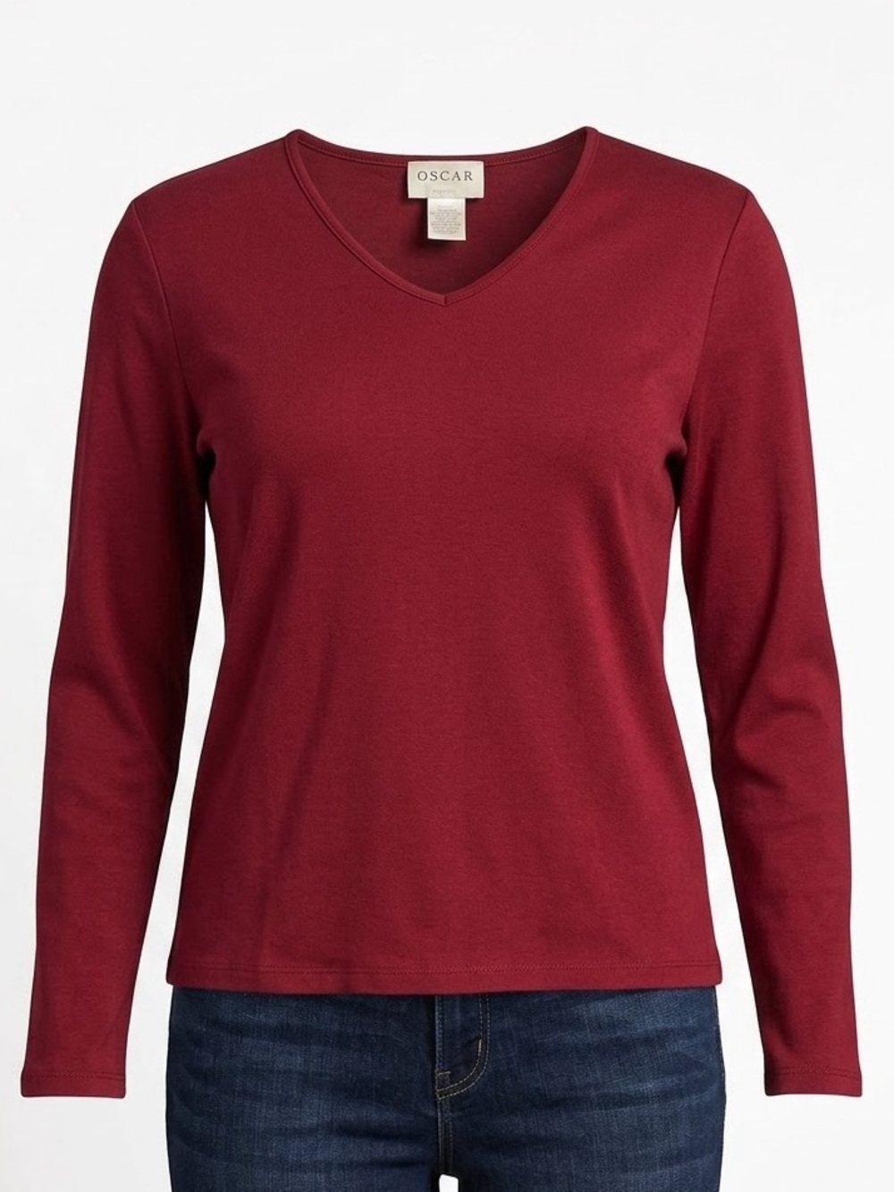 Oscar de la Renta Burgundy V-Neck Long Sleeve Top Small